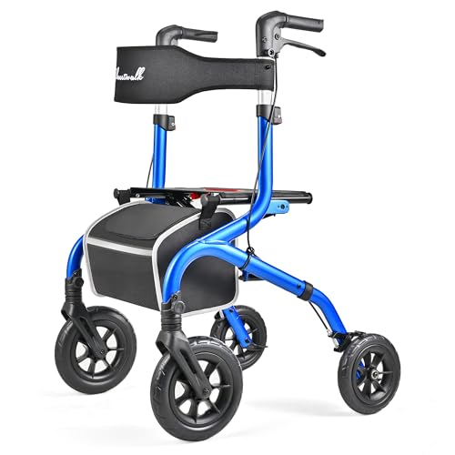 PLANET WALK Foldable Rollator Walker: 10 & 8 All-Terrain Wheels, 300lb Capacity, Treaded Rubber Tires, Breathable Seat & Backrest, Lightweight Mobility Aid for Seniors, Blue