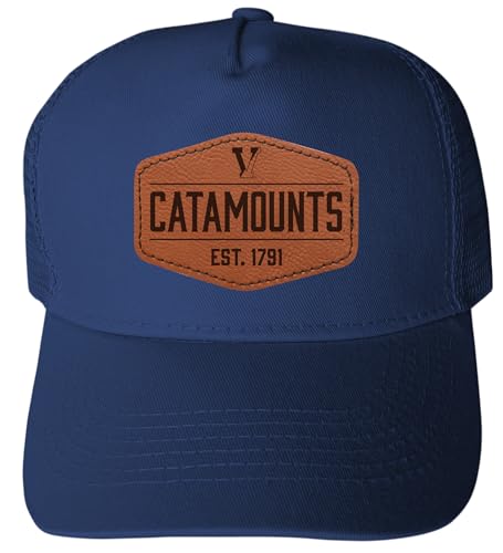 R and R Imports Vermont Catamounts Officially Licensed - Unisex Trucker Hat with Hexagon Engraved Leather Patch Navy
