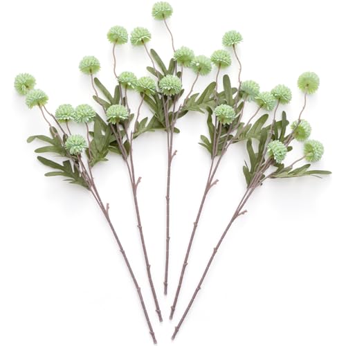 Laelfe Artificial Pompon Mum, 5Pcs Fake Kiku Flowers Silk Small Mini Chrysanthemum Ball Faux Mum Decor for Vase Filler DIY Bouquet Centerpieces Arrangements Shower (Green)