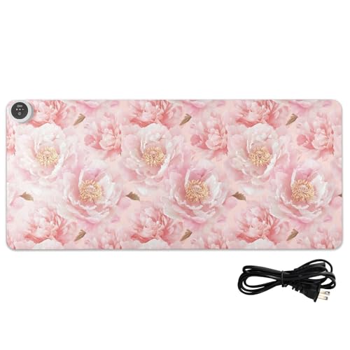Tapis de souris chauffant grand format 80x33 cm en cuir fleuri rose