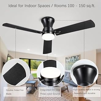 ducrew Ceiling Fans with Light, 52 inch Low Profile Ceiling Fan with Light and Remote Control, Flush Mount, Reversible, 3CCT, dimmable, noiseless, Black Ceiling Fan for Bedroom, Indoor/Outdoor use