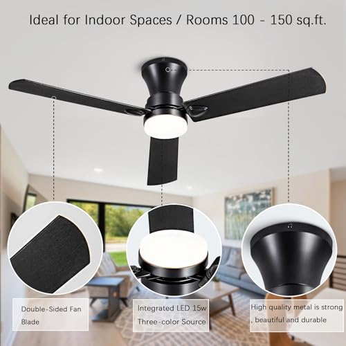 ducrew Ceiling Fans with Light, 52 inch Low Profile Ceiling Fan with Light and Remote Control, Flush Mount, Reversible, 3CCT, dimmable, noiseless, Black Ceiling Fan for Bedroom, Indoor/Outdoor use