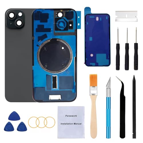 Perzework Rear Back Glass Replacement for iPhone 15 Plus 6.7-inches + Pre-Installed Plate and Camera Frame and lens + Reparing Tool Kit (Black)