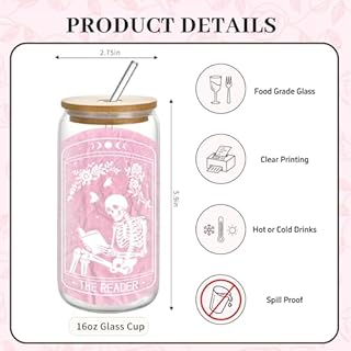 Zhirlyn 16 oz Book Lovers Glass Tumbler with Lid & Straw - Bookish Gifts for Women, Readers & Bookworms - Book-Themed Coffee/Tea/Smoothie Cup (Skeleton)