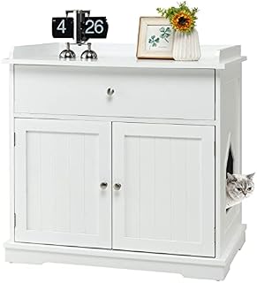 COSTWAY Cat Litter Box Enclosure, Kitty Hidden Washroom Toilet with Drawer, Doors and Hole, Cats Furniture End Table for Living Room Bathroom