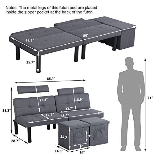 Vuyuyu Convertible Futon Sofa Bed With Two Storage Ottoman/Coffee Table, Folding Loveseat Sleeper, Small Futon Couch For Compact Living Space, Apartment, Dorm, Bedroom, 3 Angles/Metal Legs #TOP2