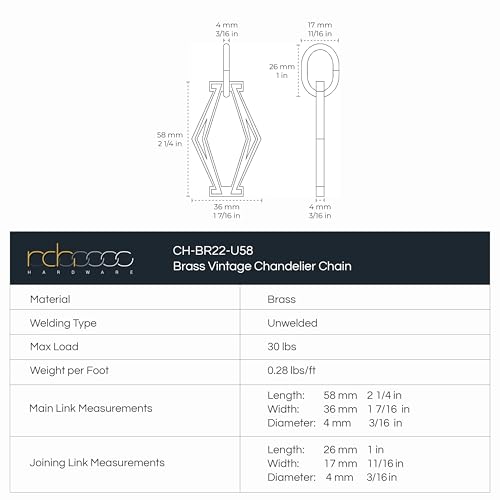 Image of RCH Hardware CH-22-AD-3 Decorative Acid Dipped Solid Brass Chain for Hanging, Lighting - Hexagonal Design Unwelded Links (3 ft /1 Yard)