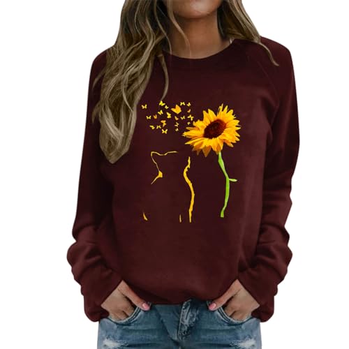Sweatshirt femme col rond imprimé chat pissenlit et manches raglan décontracté