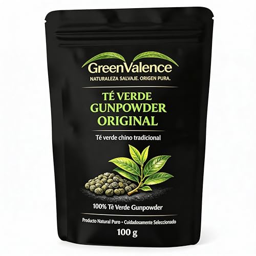 GreenValence Té Verde Gunpowder Original - Té Verde Chino en Hojas Sueltas Tradicionalmente Enrolladas - Sabor Intenso y Natural - Sin Aditivos - Ideal para Té Caliente o Frío (100 g)