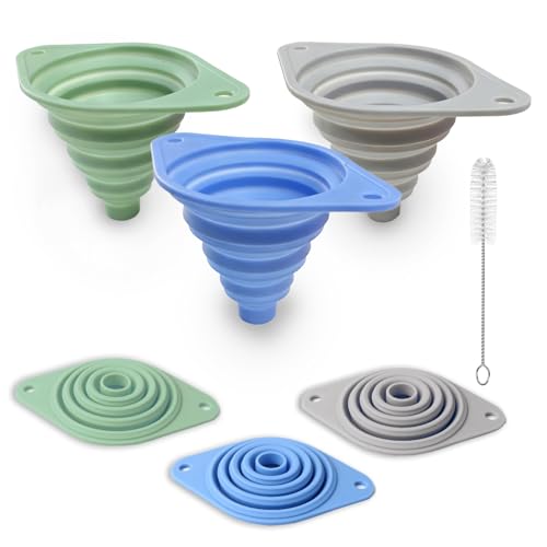 Kitchen Funnel Set 3 Pack, Collapsible Silicone Funnel for Kitchen Use, Small Funnels for Filling Bottle, Transfer Liquid, Oil and Powder, Food Grade Silicone Filter with a Brush