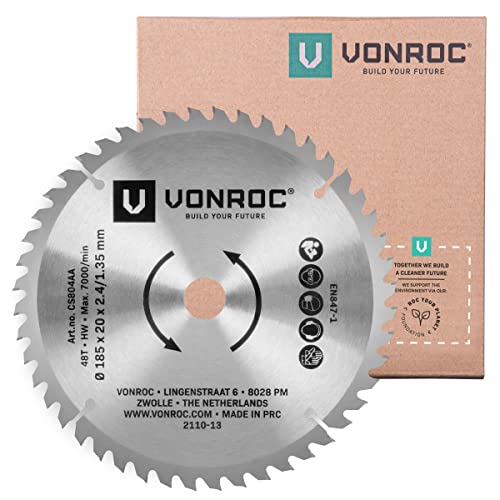 VONROC Lame de scie circulaire - 185x20mm - 48T - Pour bois - Universelle - Largeur de coupe : 2,4mm - Diamètre de l'alésage : 20mm Cover