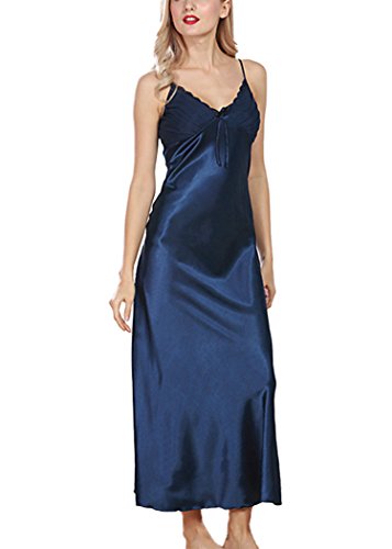 Asskyus Women's Lingerie, Ladies Satin Pajamas Lace Nightwear, Long Nightdress (M, Navy Blue)