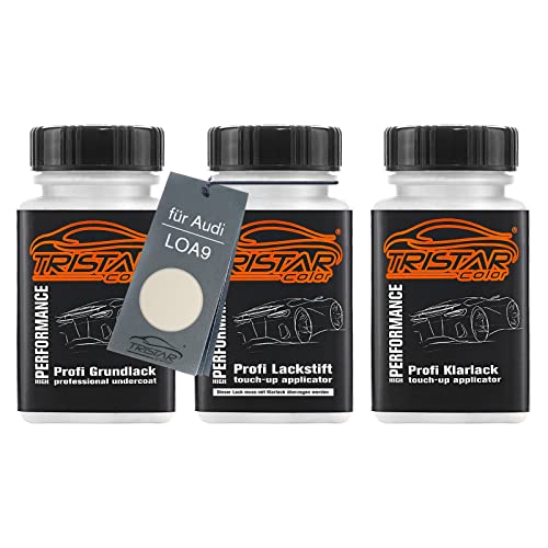 TRISTARcolor Autolack Lackstift Set für Audi LOA9 Perlmuttweiss Metallic/Perlmutt Weiss Metallic Grundlack Basislack Klarlack je 50ml