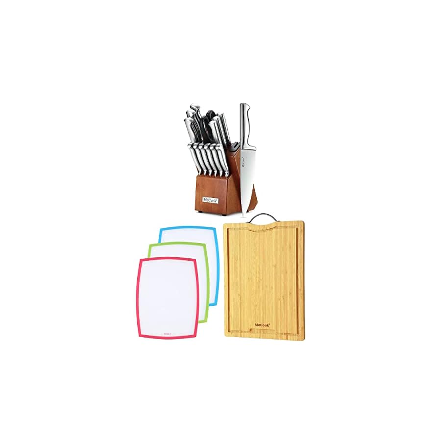 MC29 15 Pieces German Stainless Steel Knife Block Sets with Built-in Sharpener + MCW11 Bamboo Cutting Boards Set of 4 (Large, 17”11.4”0.8”)