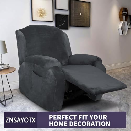 Image of ZNSAYOTX Stretch Velvet Recliner Cover 4-Pieces, Thick Soft Recliner Chair Slipcover with Pocket, Non-Slip Elastic Bottom for Kids Pets, Luxury Plush Reclining Protector Comfy Washable (Black)