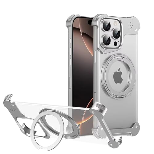 Coque sans cadre pour iPhone 16 Pro Max argent compatible MagSafe avec béquille rotative 360