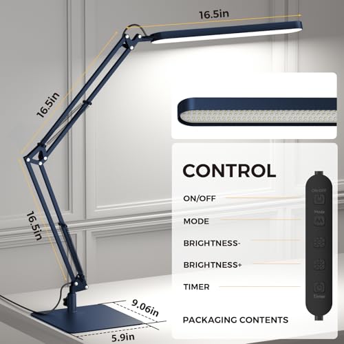 Image of SKYLEO LED Desk Lamp with Slim Base - Adjustable Swing Arm Desk Light, Dimmable, Timer, Eye Protection, Memory Function, 1300LM, 12W, Blue
