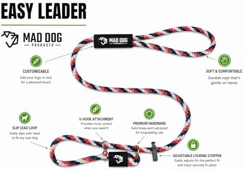 Mad Dog Products Easy Leader Dog Leash 1/4" x 4' Black Signature Rope - Made in USA Slip Lead with Figure 8 Attachment
