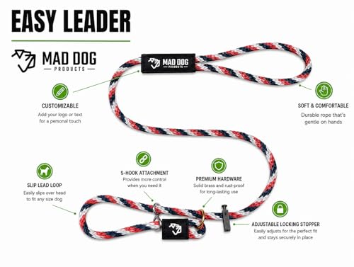 Mad Dog Products Easy Leader Dog Leash 1/4" x 4' Black Signature Rope - Made in USA Slip Lead with Figure 8 Attachment