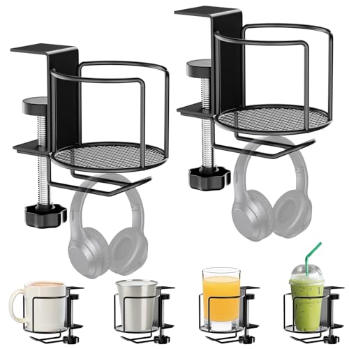 2-in-1 Desk Cup Holder,Anti-Spill Table Water Bottle Holder,Clamp On Table Stainless Steel Drinking Holder,Compatible with Universal Cups/Bottles/Mugs/Cans/Tumblers/Thermoses/Glass,2 Pack