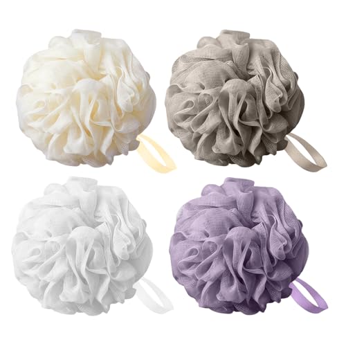 Flintronic 4 Pièces Éponge de Bain, 50g Fleur de Douche Recyclées, Maille Moussante Fleur de Douche Lavable, Fleur de Bain Loofah Unisex, pour Exfolier La...