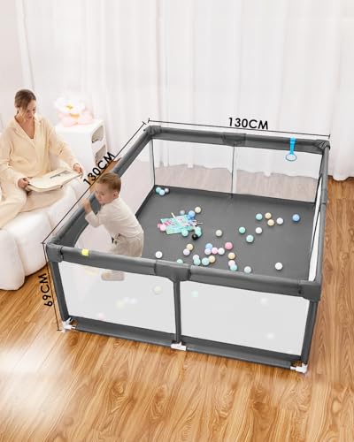 derimkcoa Laufstall Baby,Laufgitter Baby,Kinderzaun mit Atmungsaktivem Netz,Tragbarer Laufstall für Drinnen und Draußen(130x130x66cm,Grau)