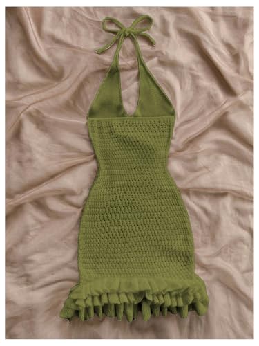 Image of GORGLITTER Women's Vacation Outfit Crochet Halter Knit Bubble Mini Dress Sexy Beach Cruise Summer Miami Resort Outfits