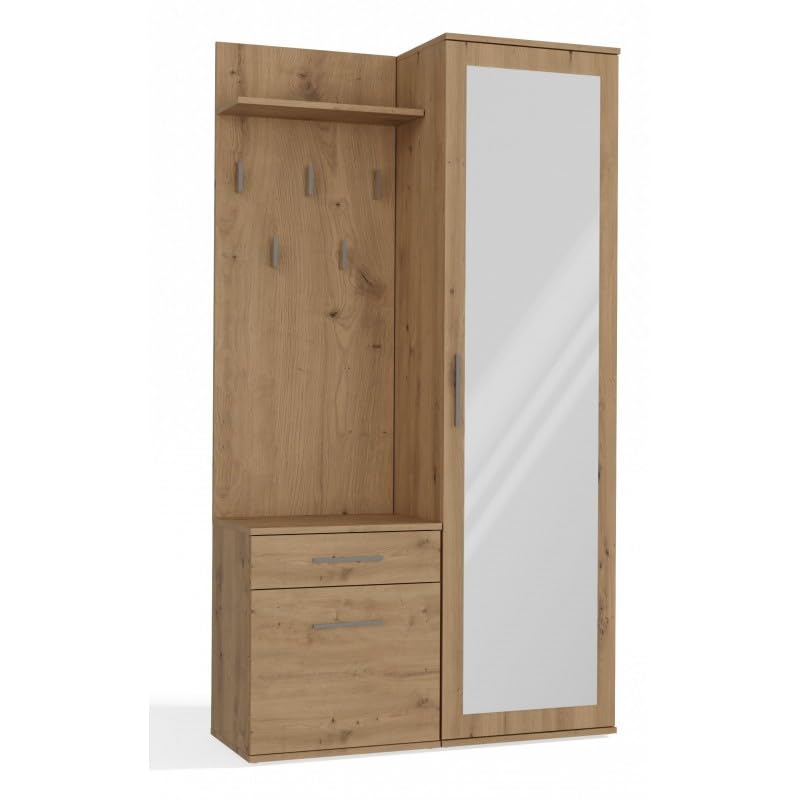 CDF Armoire Haute Entrée Miroir Coulissant Panneau Crochets Étagère Chaussures Vestes Tiroir, Meuble Hall Rangement Design Chêne Artisan Naturel,...