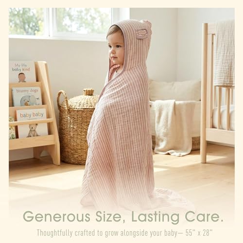 Image of Ultra-Soft Muslin Toddler Hooded Towel - 55 x 28 Inches, Made with Organic Cotton, Gender-Neutral Dusty Pink Striped Jacquard Pattern, Ideal for Bath & Beach, Newborn to Toddler