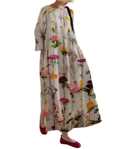 Akivide Women's Flowy Oversized Baggy Colorful Boho Floral Cotton Maxi Dress Long Sleeve Casual Loose Long Dress