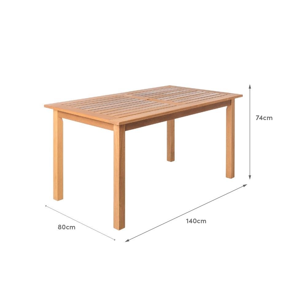 LOLAhome Mesa Exterior Rectangular 140x80x74 cm, Madera Acacia, Kate | De madera natural sostenible de acacia con FSC con transpiración natural y resistencia UV. Para exterior, jardín, terraza.