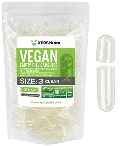 Image of XPRS Nutra Size 3 Empty Capsules - 500 Count Clear Empty Vegan Capsules - Vegetarian Pills - DIY Vegetable Capsule Filling - Veggie Pill Caps for Do It Yourself Supplements