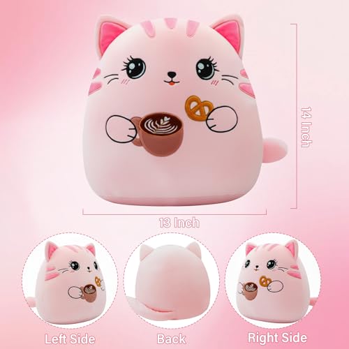 NIUBEHOHO Cat Plush Cushion Body Pillow - 14 Inch Cute Cat Stuffed Animal Cuddle Throw Pillow with Coffee Cookie for Sofa Bed Giant Cat Animal Body Pillow for Adult Kids Animal Plush Cushion — view 3