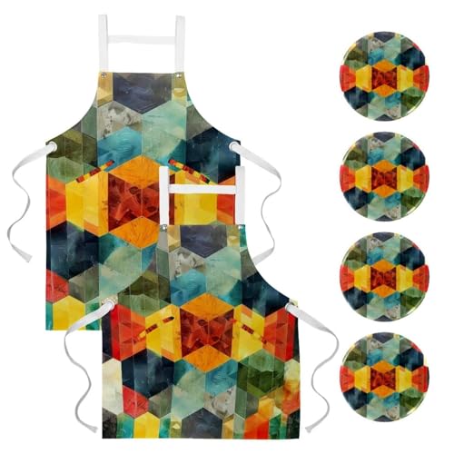 Tabliers de cuisine vintage imperméables et réglables à motif aquarelle géométrique