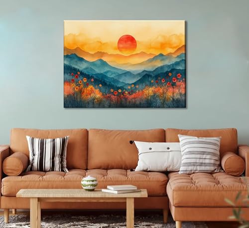 Sun Canvas Wall Art Abstract Mountains Sunrises Sunset Watercolor Wildflowers Landscape Picture Wall Decor Poster Print Artwork for Living Room Bedroom Home Decoration — view 6
