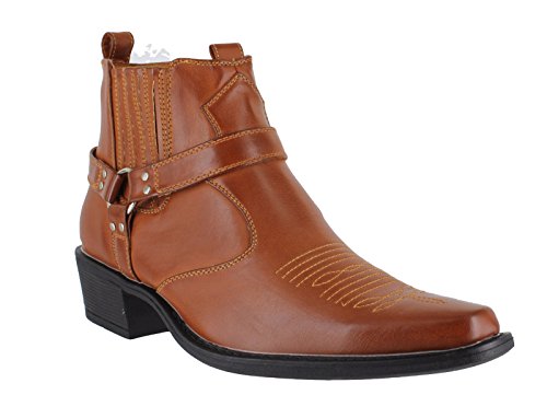 US Brass Eastwood Mens Cowboy Western Cuban Heeled Ankle Buckled Slip Pull On Boots: UK 8 Tan