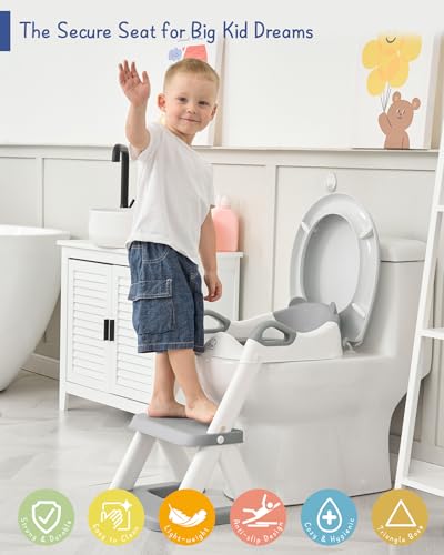 Forbena Toddler Potty Training Seat with Step Stool Ladder, Toilet Potty Seat for Baby Boys Girls Toddlers, Kids Chair Stairs with Handles and Soft Cushion (White and Grey)