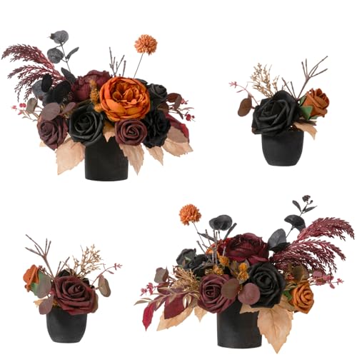 Ling's moment Wedding Centerpiece Flower with Vase for Ceremony/Reception Tabletop Mantel Archway Aisle, Set of 4|Black & Terracotta