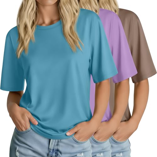 Huukeay 3 Pack Women's Half Sleeve T-Shirts, Crew Neck Elbow