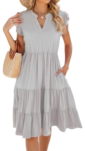 Image of Womens Summer Dress Ruffle Sleeve V Neck Midi Dresses Casual Fit Flowy Tiered Boho Beach Vacation Sundress