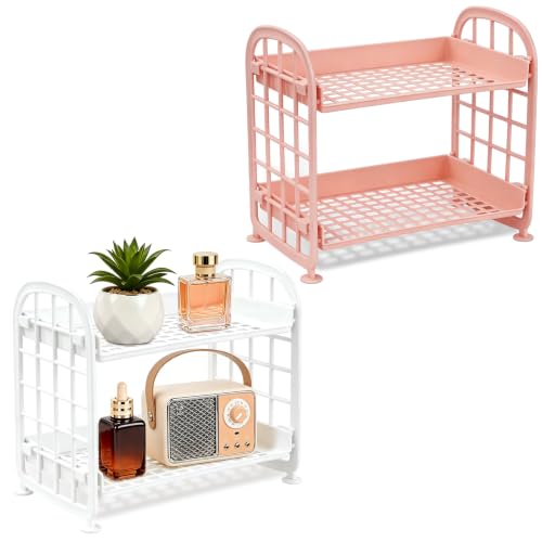 Image of 2 Pcs Desktop Rack Cosmetic Stationery Storage Holder, 2-Tier Multifunctional Plastic Shelf Makeup Organizer for Skincare Office Kitchen Bedroom Bathroom Home (Pink + White)