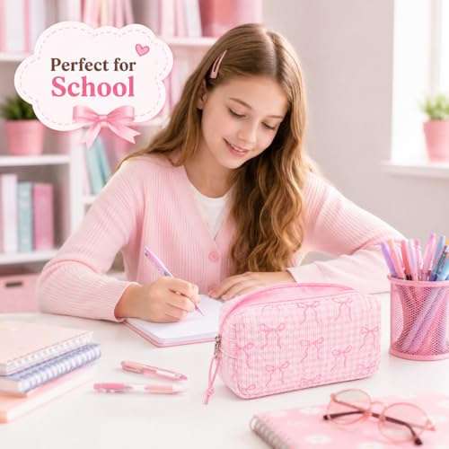 Image of LEDAOU Cute Pencil Case for Kids Girls Boys Pencil Pouch kawaii Pen Pencil Box Bag Holder for School Students (Corduroy Pink Bow Checkered)