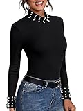 SweatyRocks Women's Casual Mock Neck Long Sleeve Beaded Solid Slim Fit Tee Shirt Black S