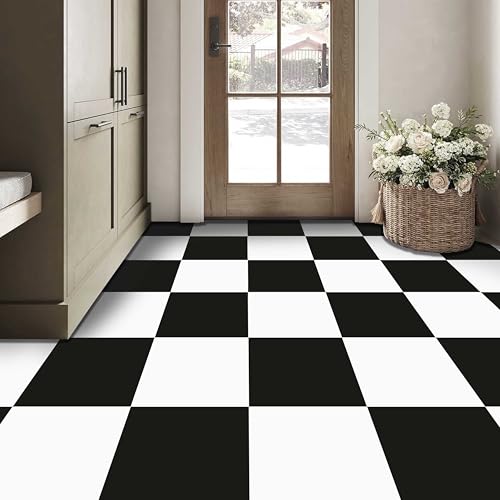 Checker Bleucoin Peel and Stick Floor Tiles Anti-Slip Vinyl Decals for Home, Kitchen, Bathroom Removeble -Friendly Flooring Pack of 12 (Black & White, 8' x 8' Inches)