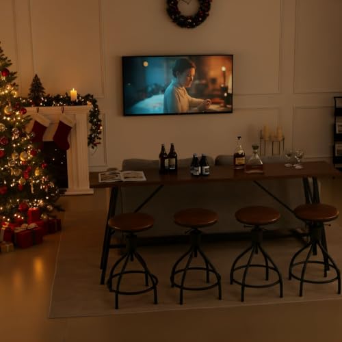 Karl home 83.8\" Bar Table and Chairs Set, Sofa Table with 4 PU Stools, High Top Counter Height Table with Chairs for Kitchen Breakfast, Bistro, Dining Room, Living Room, Brown - Thumbnail 3