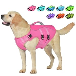 Dog Life Jacket, Reflective Dog Harness Life Vest with Rescue Handle for Swimming Boating, Adjustable High Buoyancy Flotation Swim Vest for Small Meium Large Dogs – Pink, L