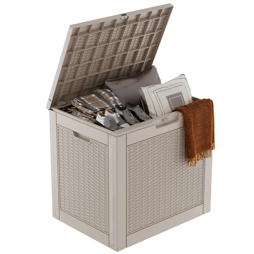 DRATO 31 Gallon Deck Box, Outdoor Storage Box for Patio Cushion, Sports Equipment, Garden Tools, Waterproof Resin Storage Box (Light Brown)