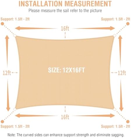 Duerer Sun Shade Sail Canopy 12'W x 16'L Rectangle, 95% UV Block, Permeable 185GSM Sail Shade Cover for Patio, Garden, Pergola, Backyard, Outdoor Facility & Activities -Sand - 3