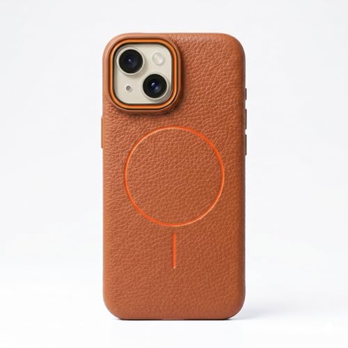 Image of amazon basics Luxury MagSafe Compatible Leather Texture Back Cover for iPhone 13 | Raised Camera Protection | Slim Fit Shockproof Case with Metallic Accents (Orange)