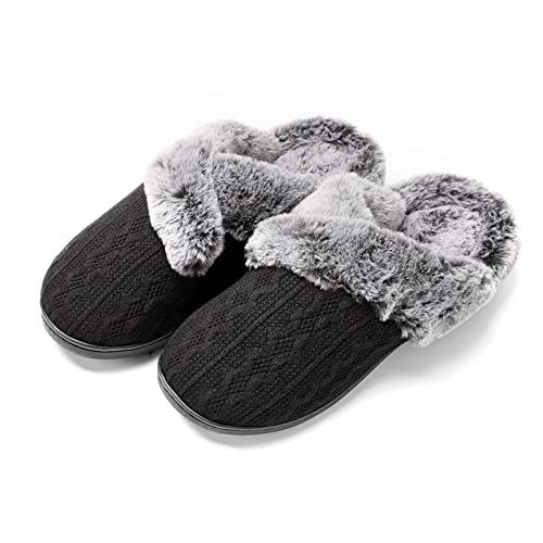 AONETIGER Chausson Homme Confort Maison Pantoufles Femme Hiver Chaude Fourrure Doublure Chaussons avec Memory Foam Antidérapant Pantoufle(42/43EU,Noir Blanc) Cover